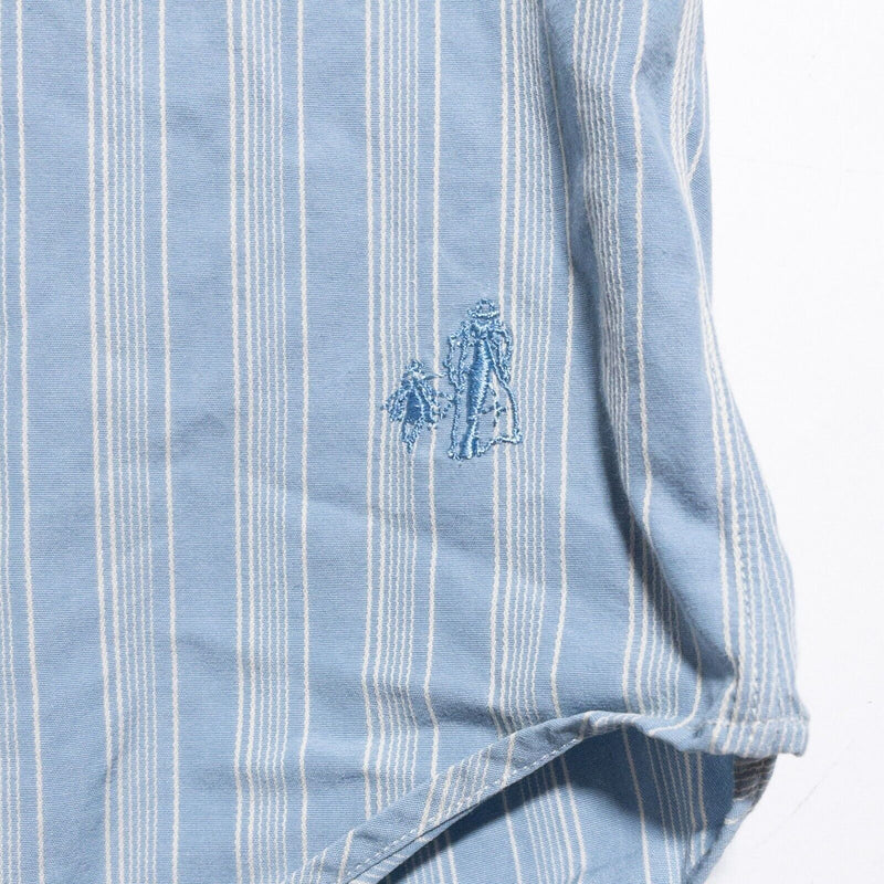 J. Peterman Poet Shirt Men's Medium Band Collar Blue Stripe Vintage Mandarin