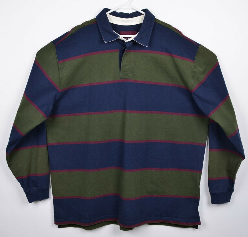 LL Bean Men's 2XL Green Navy Blue Chunky Stripe Rugby Polo Shirt