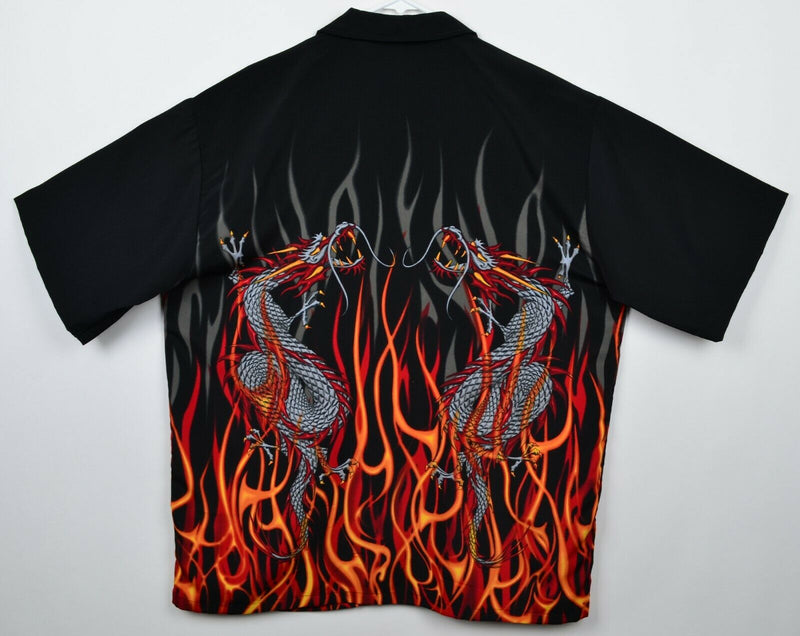 Vtg 90s ODO Men's Sz XL 100% Polyester Chinese Dragon Flames Camp Y2K Shirt