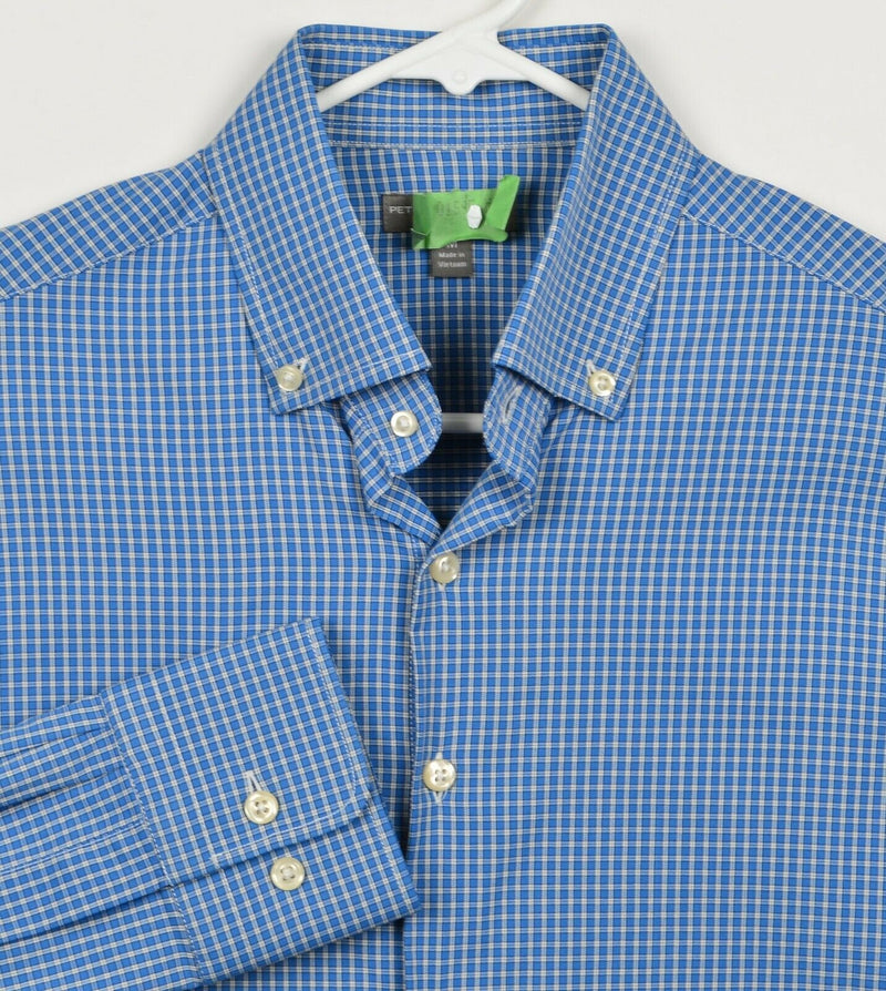 Peter Millar Men's Sz Medium Summer Comfort Blue White Plaid Button-Down Shirt