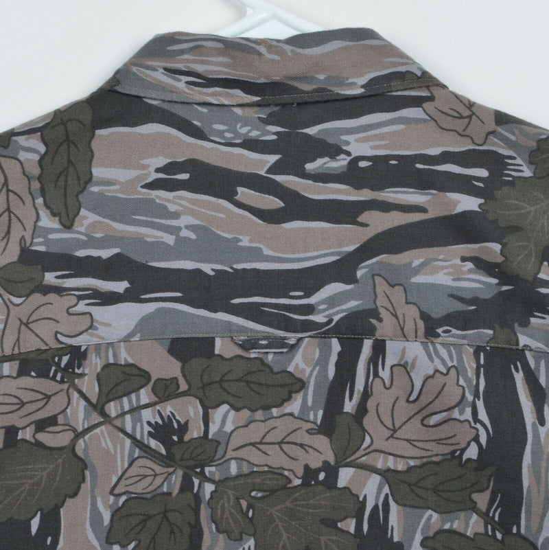 AllSaints Men's Small Camouflage Floral Green Brown Snap-Front Hidden L/S Shirt