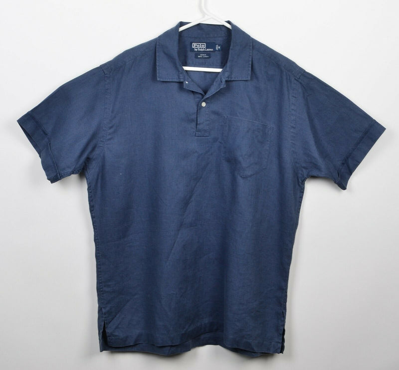 Polo Ralph Lauren Men's Medium "Innis" 100% Linen Solid Navy Blue Camp Shirt