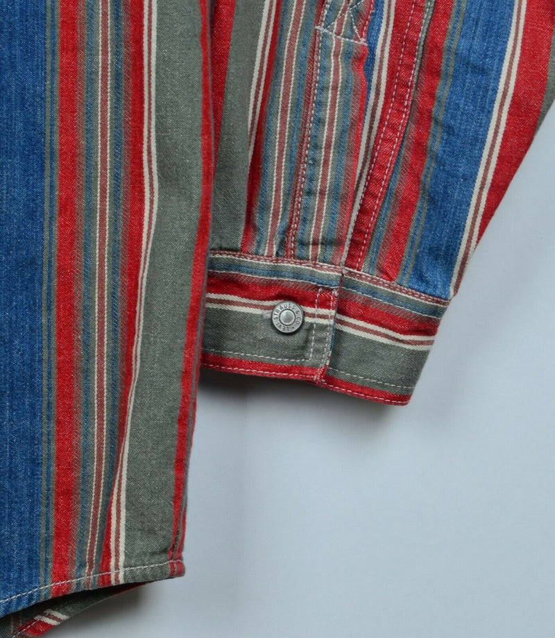 Vtg 90s Levi's Mens Sz Large Metal Rivet Buttons Red Blue Striped Railroad Shirt