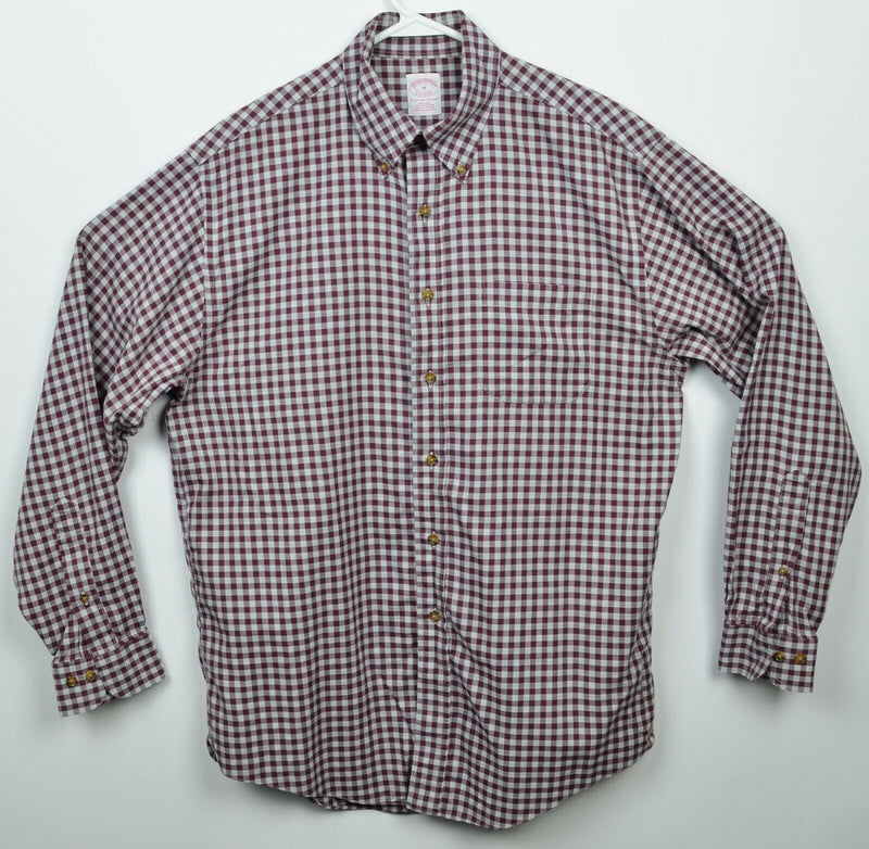 Brooks Brothers Men's Medium Red Gray Gingham Check Non-Iron Button-Down Shirt