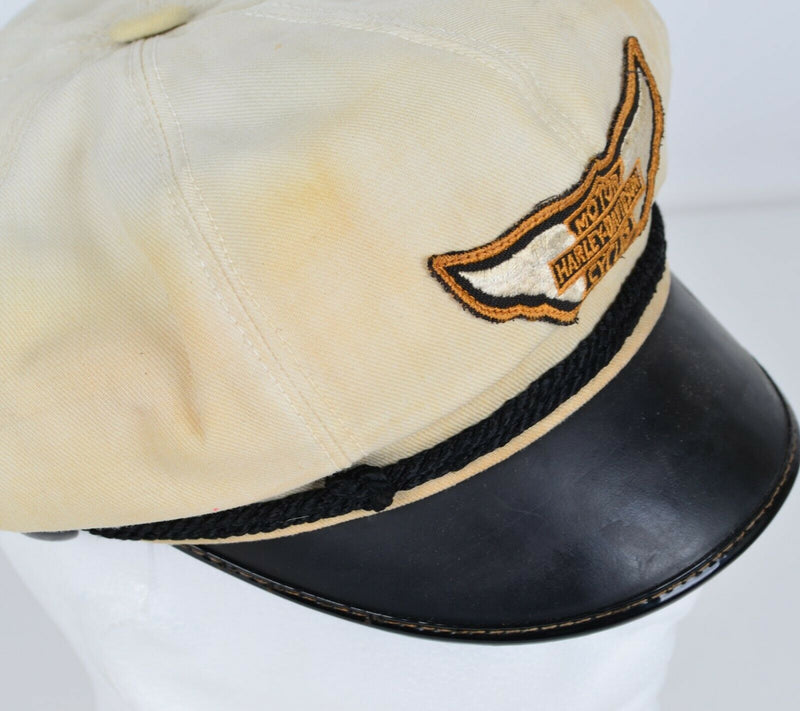 Vtg Harley-Davidson Men's Medium Captain’s Motorcycle White Wool Leather Hat