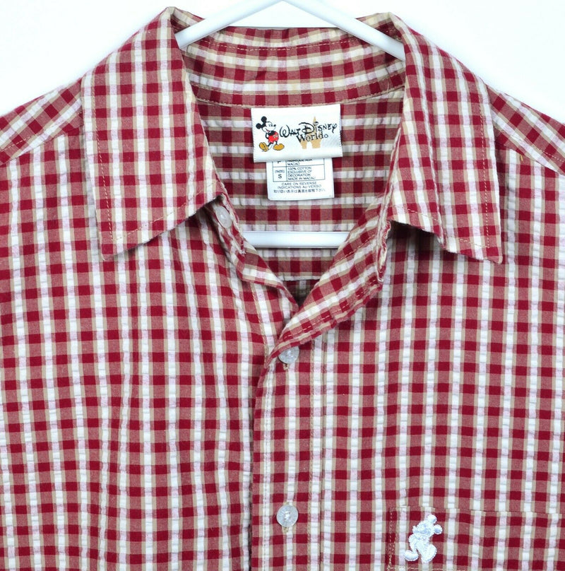 Walt Disney World Men Small Mickey Mouse Seersucker Red Plaid Button-Front Shirt