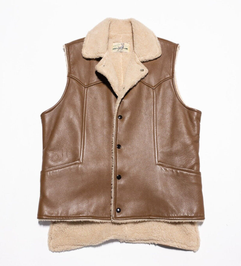 Vintage Deerskin Leather Vest Men's 42 Sherpa Lined 70s Brown Snap-Front USA