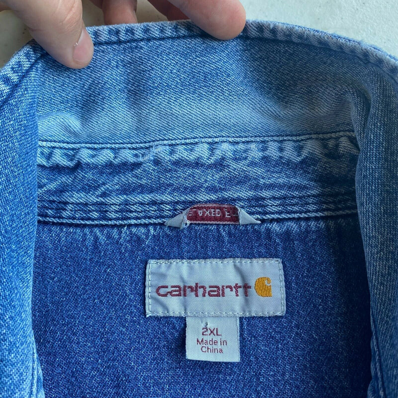 Carhartt Men's 2XL Relaxed Fit Pearl Snap Denim Blue Faded Western Work Shirt