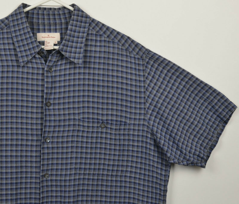 Ermenegildo Zegna Men's XL Linen Blend Navy Blue Gray Check Italian Shirt