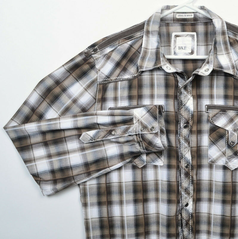 BKE Buckle Men's Large Athletic Fit Stretch Pearl Snap Brown Plaid Western Shirt