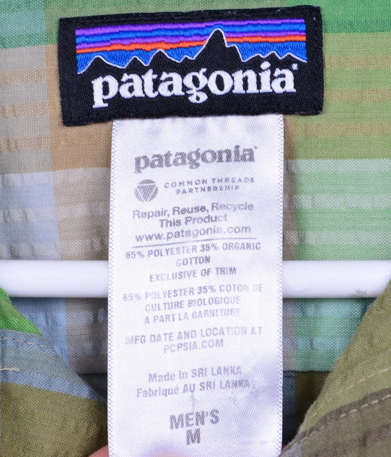 Patagonia Men's Sz Medium Seersucker Organic Cotton Poly Blend Green Plaid Shirt