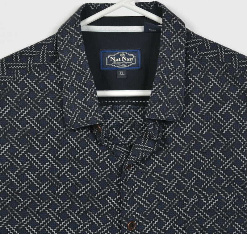 Nat Nast Men's XL Silk Blend Navy Blue Geometric Hawaiian Bowling Retro Shirt