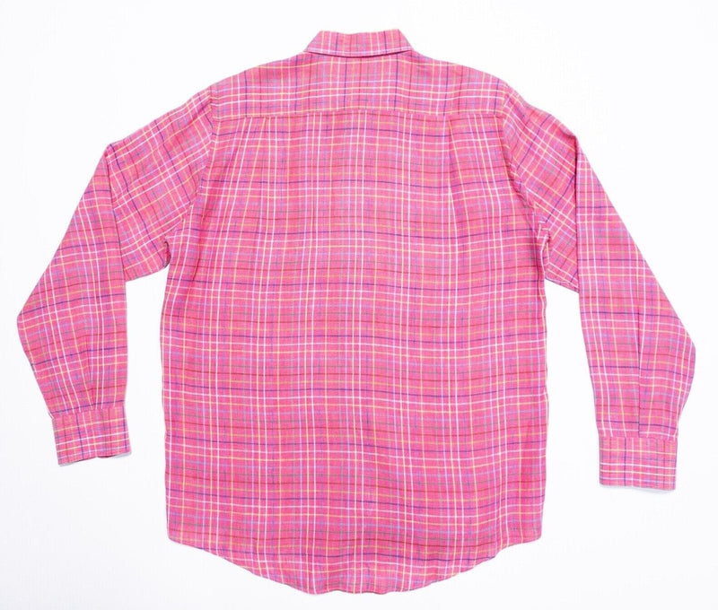 Paul Stuart Linen Shirt Large Men's Pink Plaid Italy Long Sleeve Button-Down