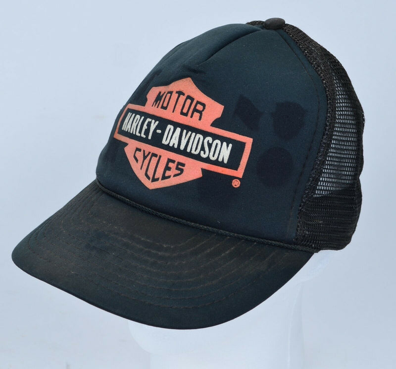 Vtg 80s Harley-Davidson Emblem Logo Snapback Black Orange Mesh Trucker Hat