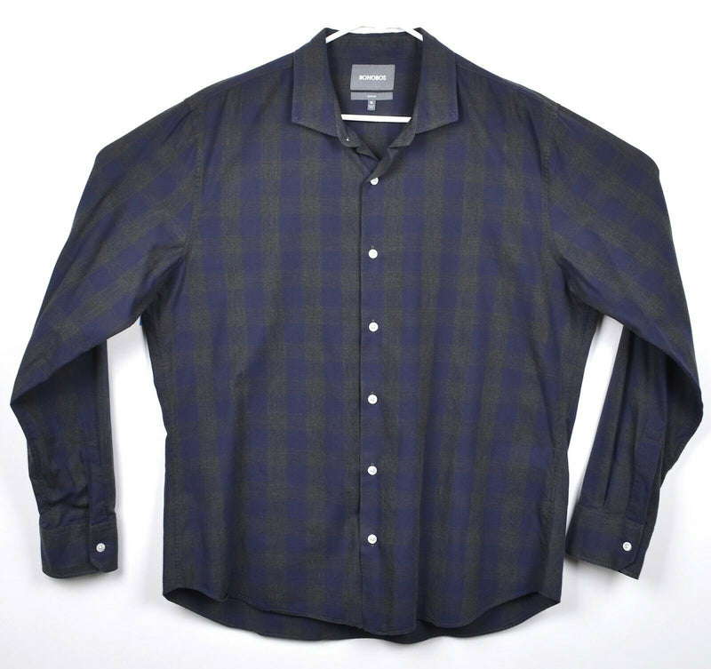 Bonobos Men's XL Slim Fit Navy Blue Gray Buffalo Check Plaid Spread Collar Shirt