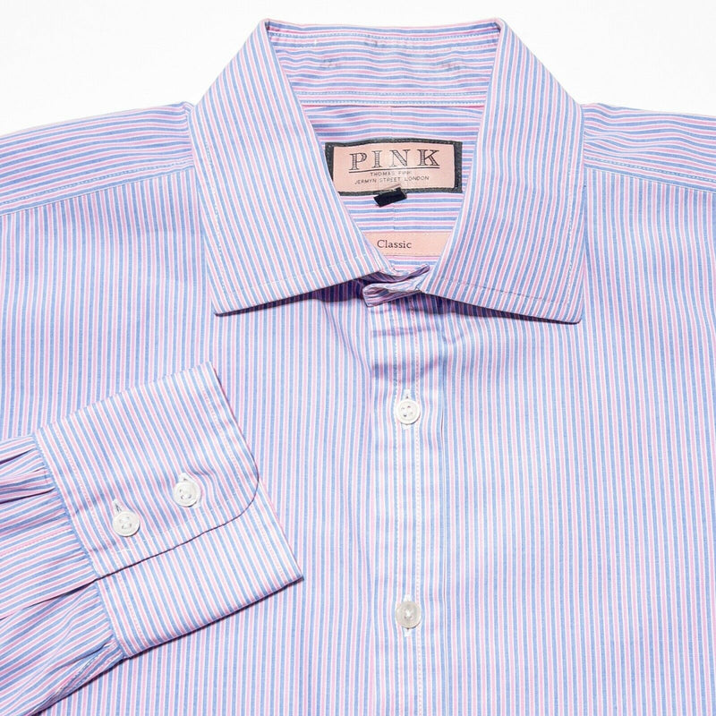 Thomas Pink Dress Shirt 16 Men's Pink Blue Striped Spread Collar Long Sleeve
