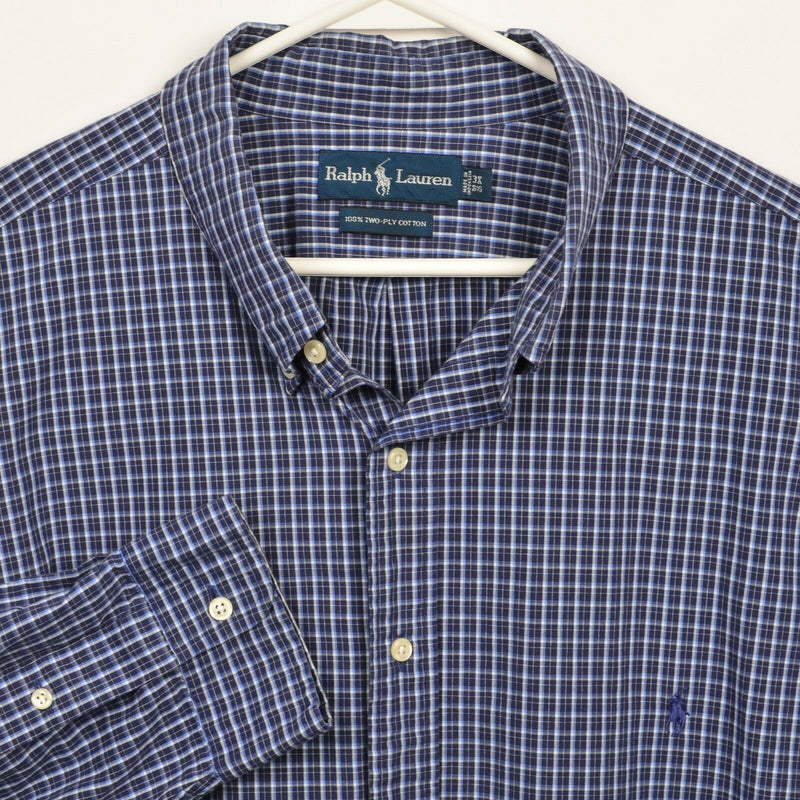 Polo Ralph Lauren Men's 3XB (3XL Big) Navy Blue Plaid Pony Button-Down Shirt