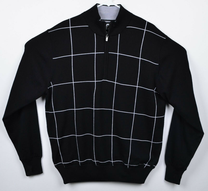 FootJoy Men's Sz Large 100% Wool Lined Black White Plaid 1/4 Zip Golf Sweater