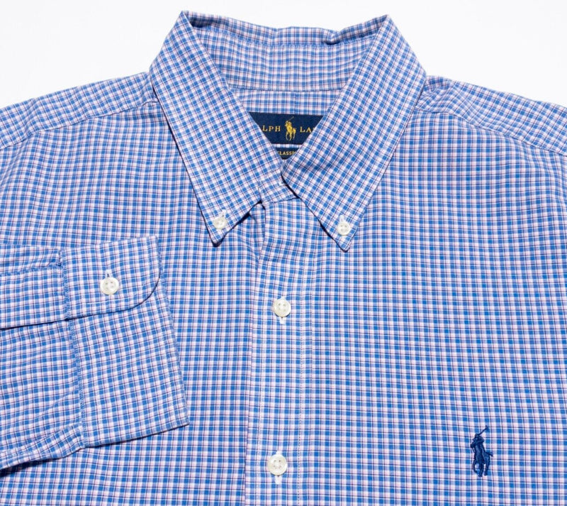 Polo Ralph Lauren Shirt Men's Large Classic Fit Button-Down Plaid Blue Pink