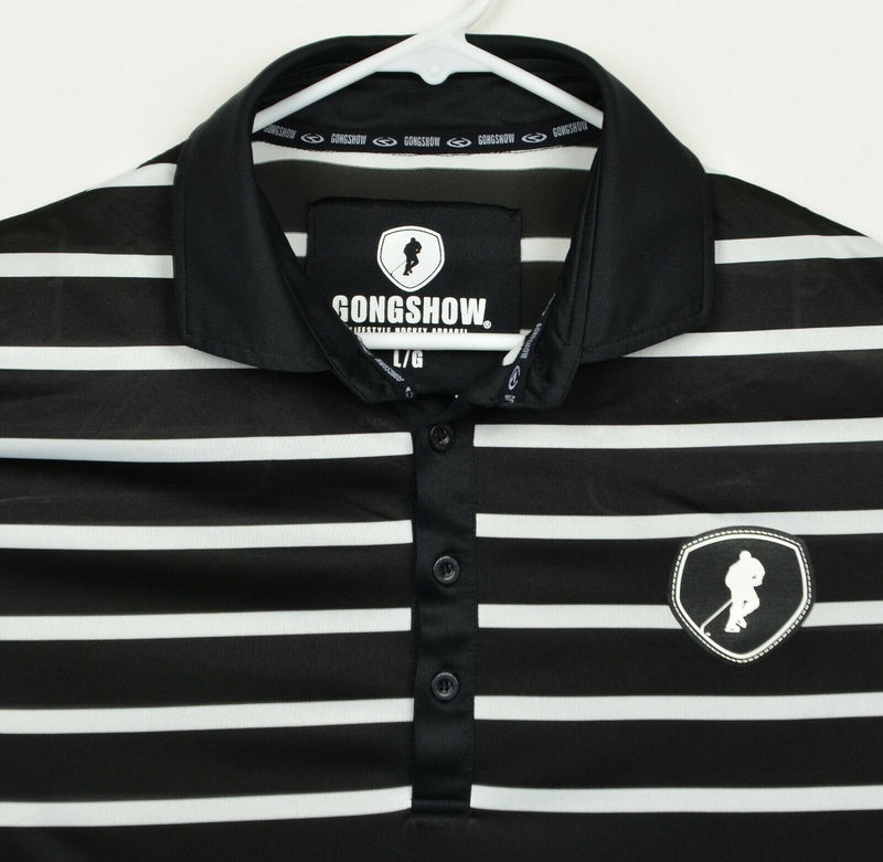 Gongshow Men's Sz Large Black White Striped Lifestyle Hockey Polo Shirt