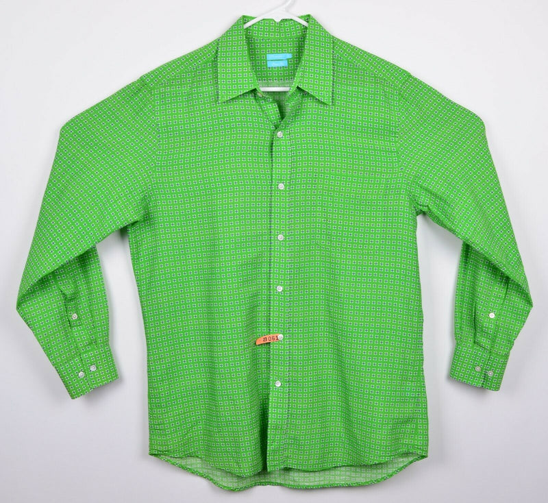J. McLaughlin Men's Medium Trim Linen Blend Green Geometric Long Sleeve Shirt
