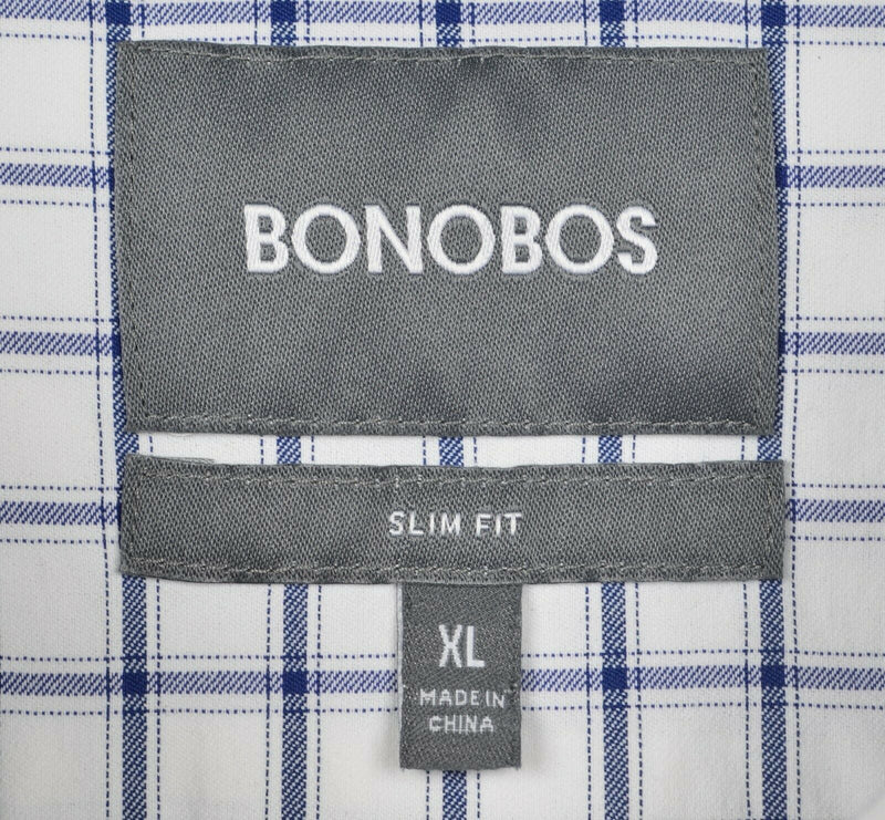 Bonobos Men's XL Slim Fit Nylon Spandex White Blue Plaid Performance Dress Shirt