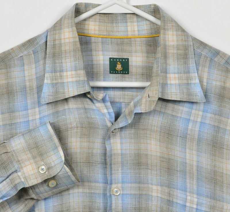 Robert Talbott Men's Large 100% Linen Gray Blue Plaid Button-Front Shirt
