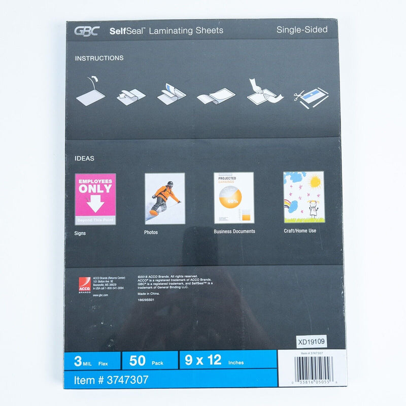 GBC Letter-Size Laminating Sheets SelfSeal Single-Sided 3 mil 9 x 12 in. 3747307