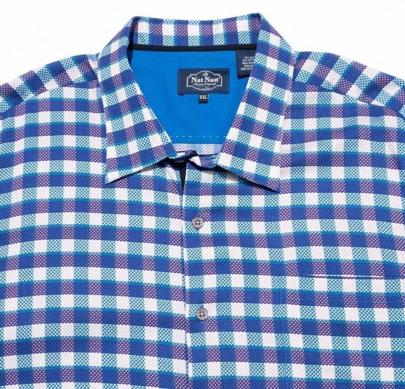 Nat Nast Silk Shirt XXL Men's Blue Purple Check Bowling Retro Hawaiian 2XL