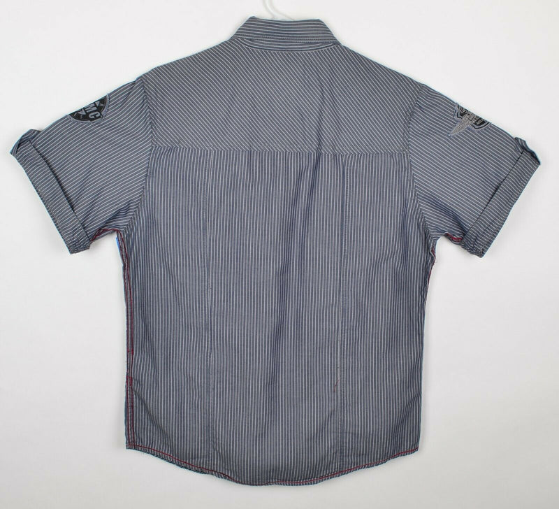 Harley Davidson Men's Sz Large Slim Fit Gray Pinstripe Garage Patches Shirt