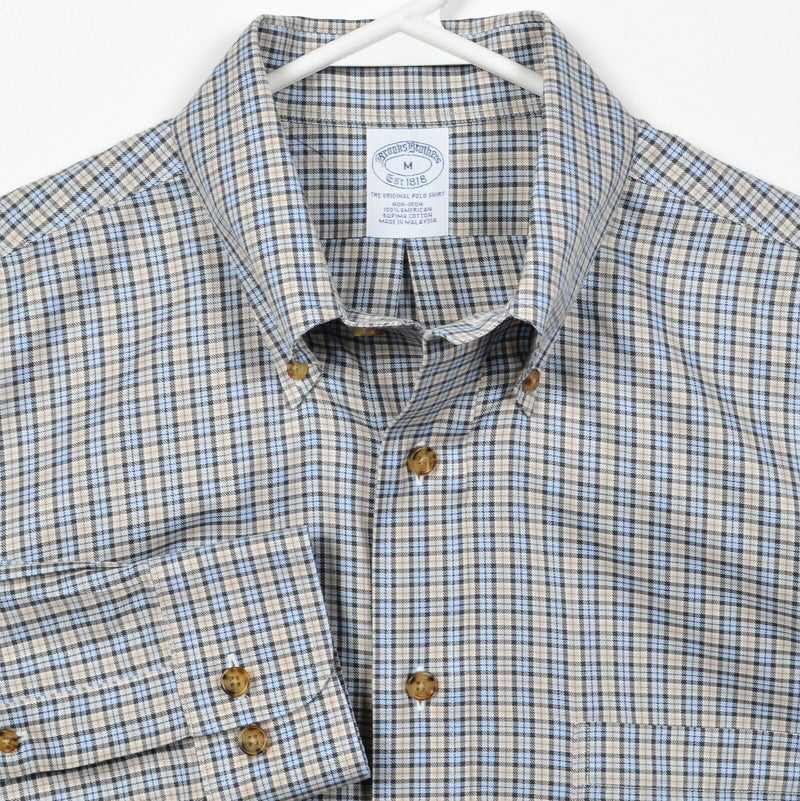 Brooks Brothers Men's Medium Non-Iron Blue Tan Plaid Button-Down Shirt