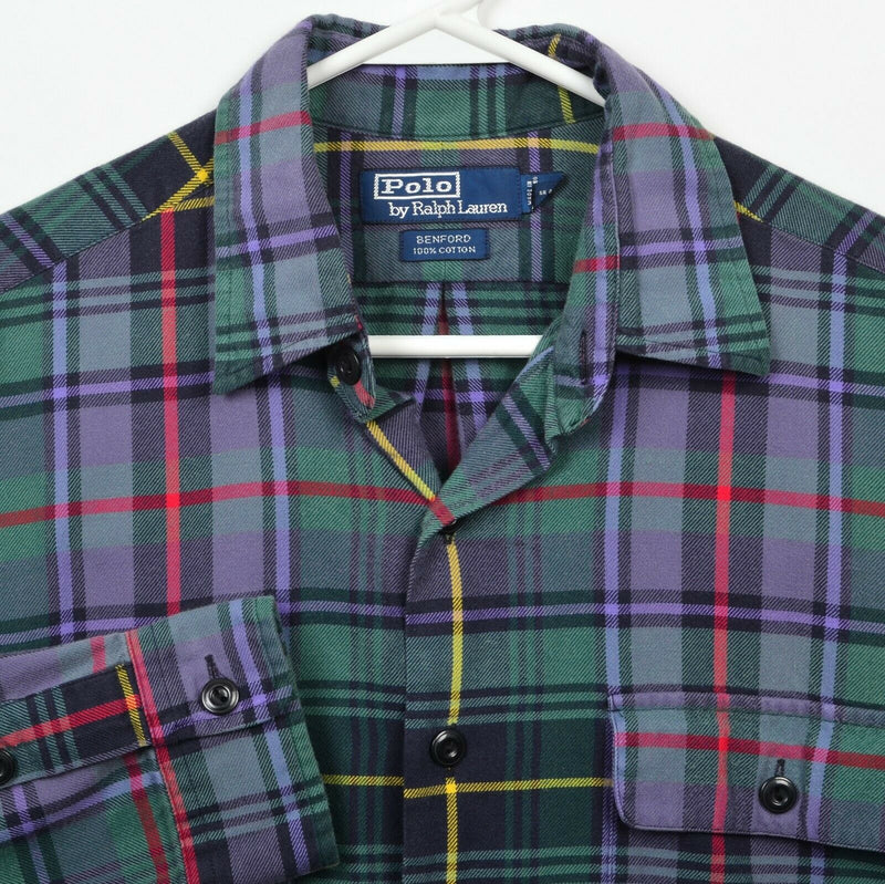 Polo Ralph Lauren Men's Medium Benford Green Purple Colorful Plaid Flannel Shirt