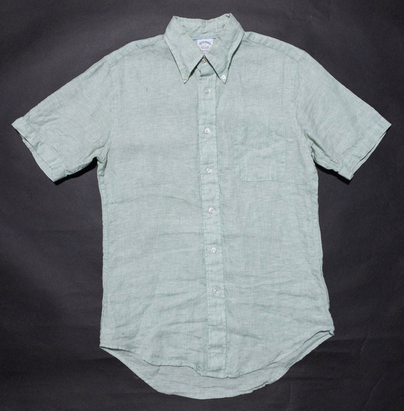 Brooks Brothers Linen Shirt Men's Small Button-Down Green Irish Short Sleeve