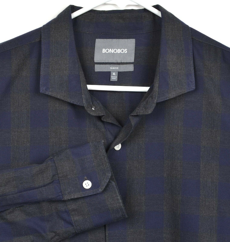 Bonobos Men's XL Slim Fit Navy Blue Gray Buffalo Check Plaid Spread Collar Shirt