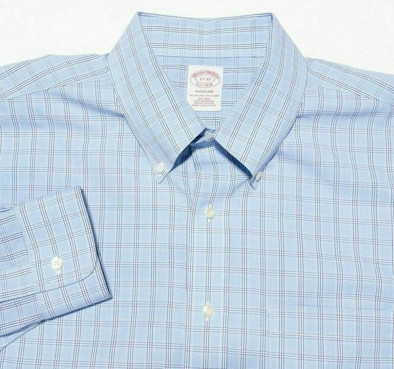 Brooks Brothers Men's 17-33 Non-Iron Madison Dress Shirt Button-Down Blue Plaid