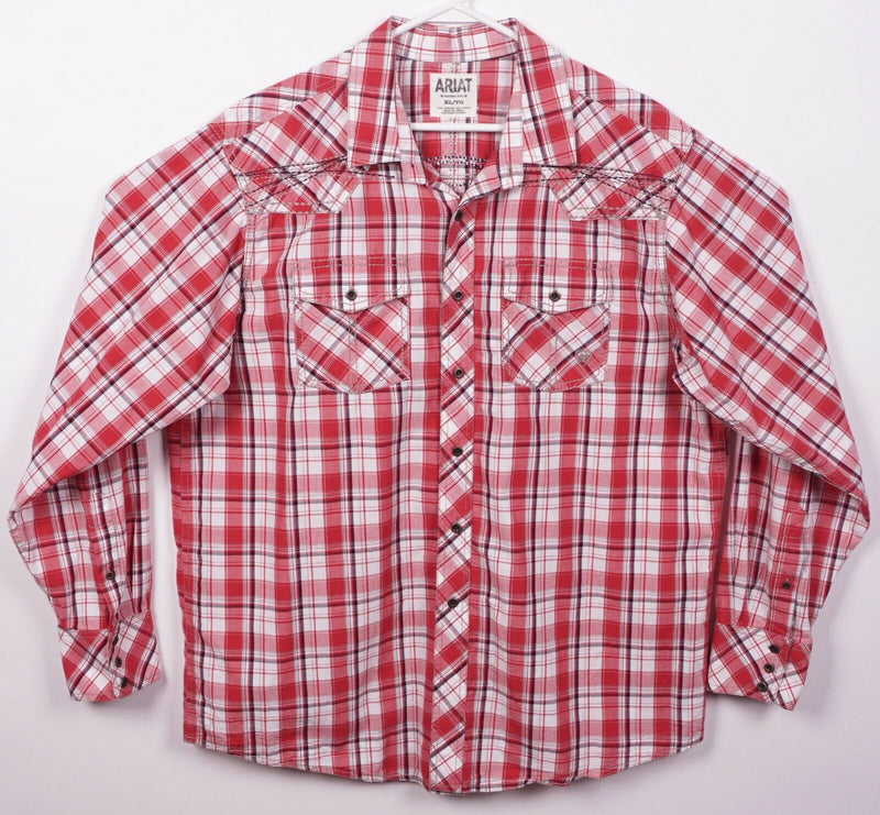 Ariat Men's XL Retro Fit Red Plaid Stitch Accent Western Button-Front Shirt