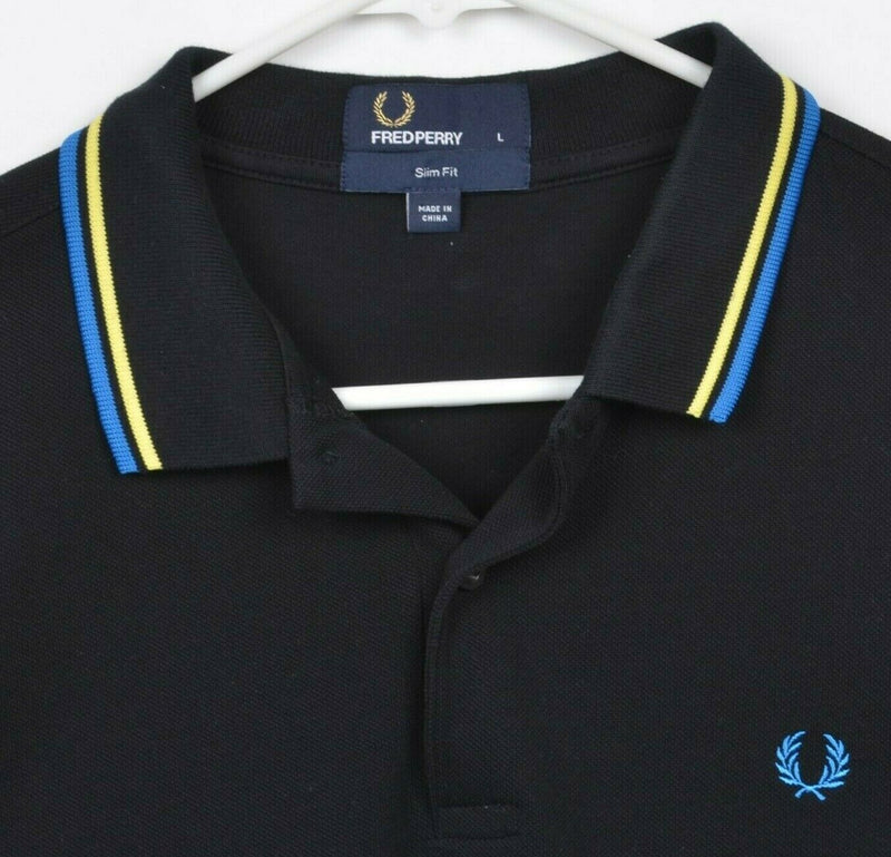 Fred Perry Men's Large Slim Fit Black Embroidered Logo Blue Yellow Polo Shirt