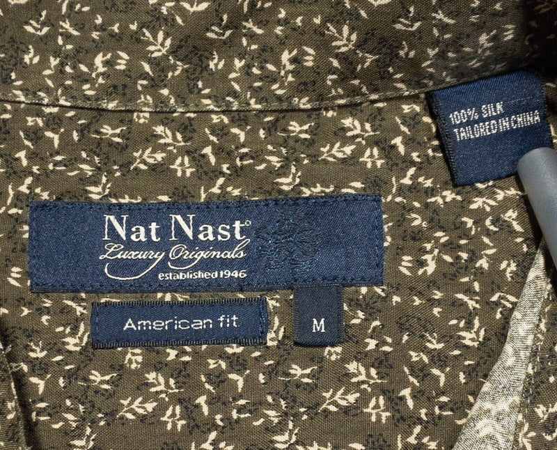 Nat Nast Silk Shirt Medium American Fit Men's Floral Olive Green Camp Hawaiian