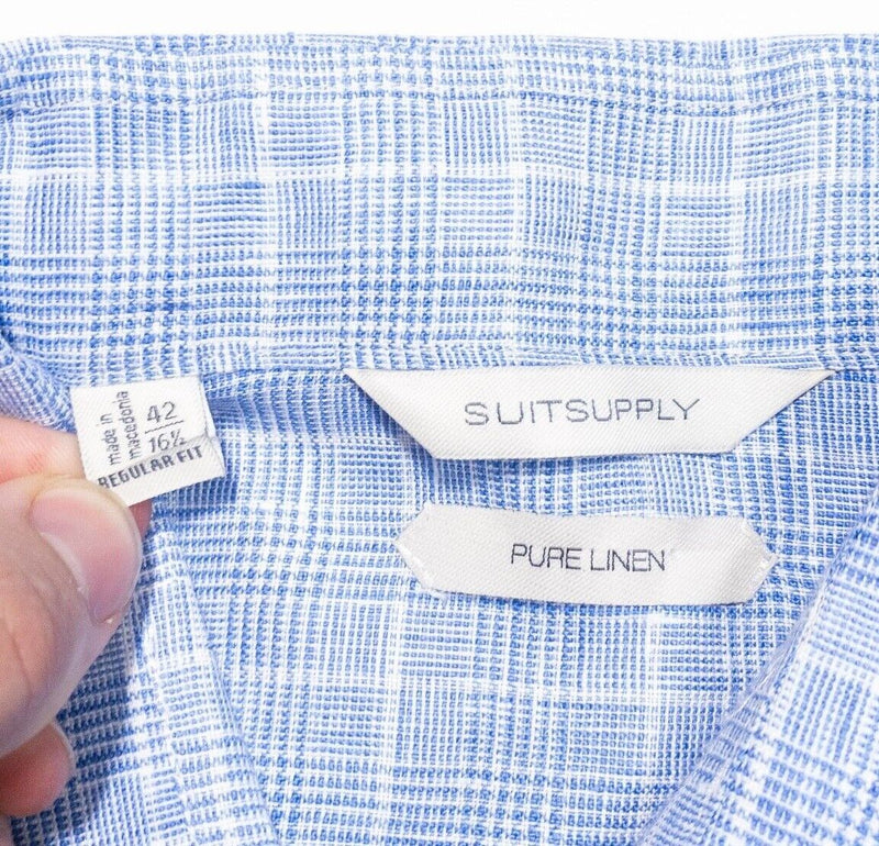 Suitsupply Linen Shirt 42/16.5 Regular Fit Men's Blue Plaid Dress Shirt Spread