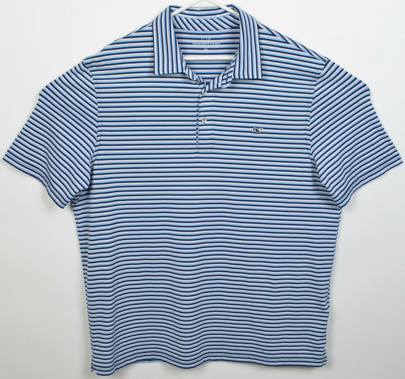 Vineyard Vines Men's XL Blue Striped Whale Polyester Wicking Golf Polo Shirt