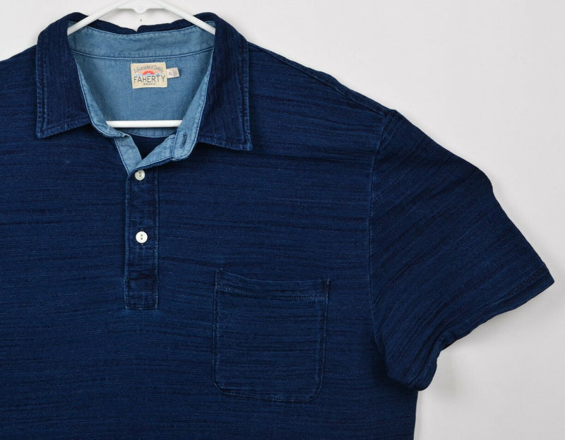 Faherty Men's Sz XL Natural Indigo Dyed Navy Blue Pocket Polo Shirt
