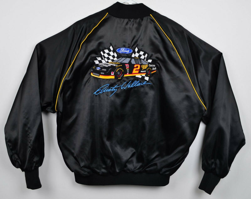 Vtg 80s Rusty Wallace Men's Sz Large NASCAR Miller Satin Snap-Front Black Jacket