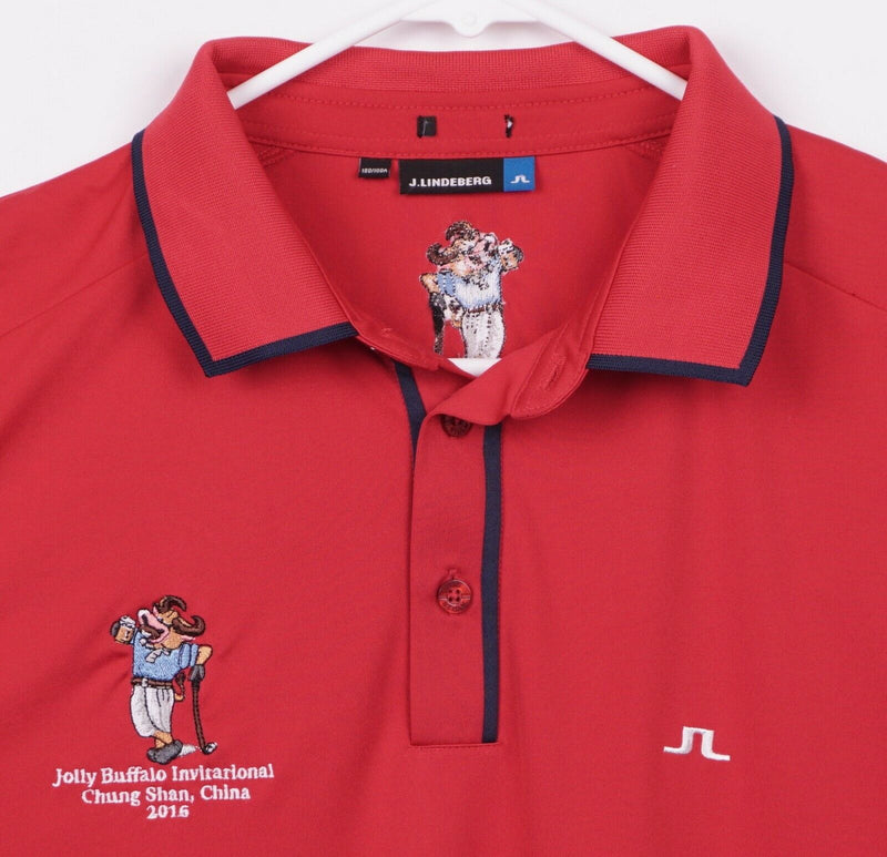 J. Lindeberg Men's Sz Large? Red Embroidered Bull Short Sleeve Golf Polo Shirt