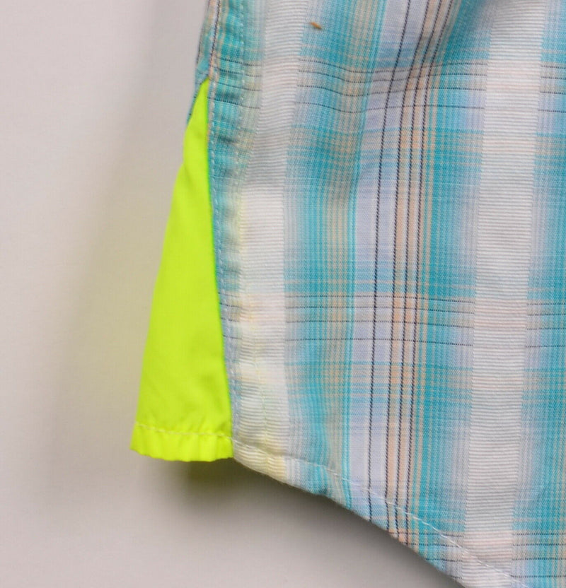 J.Lindeberg Men's Sz Large? Blue Plaid Neon Green Accent Button-Front Shirt