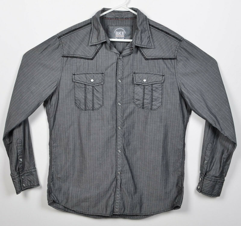 BKE Buckle Men's Large Standard Fit Pearl Snap Gray Striped Rockabilly Shirt