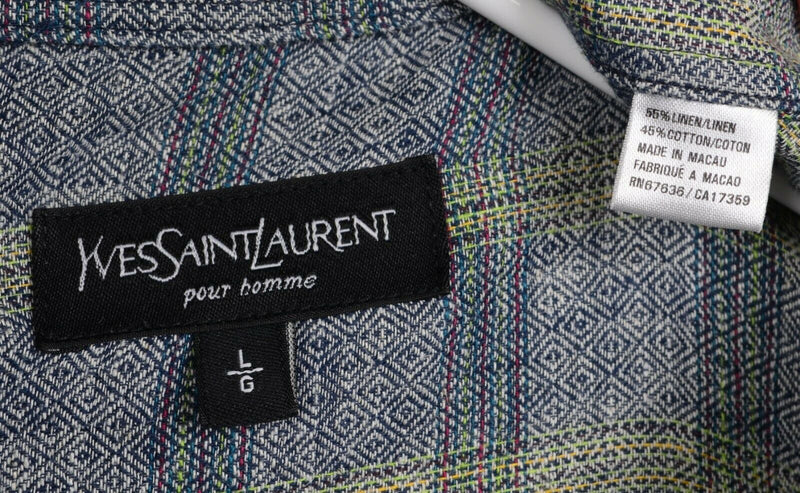 Yves Saint Laurent Men’s Sz Large Linen Blend Gray Yellow Geometric Plaid Shirt