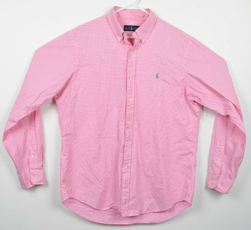 Polo Ralph Lauren Men's Large Pink White Gingham Check Logo Button-Down Shirt