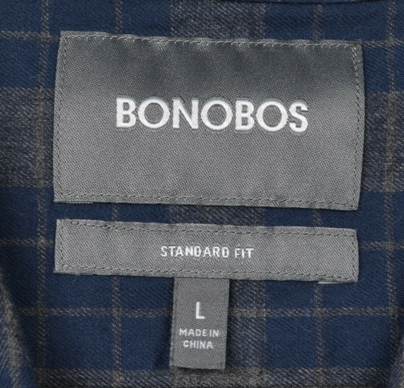Bonobos Men's Large Standard Fit Navy Blue Gray Plaid Button-Down Shirt
