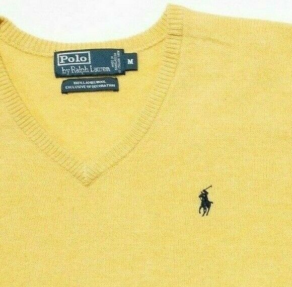 Polo Ralph Lauren Men's Medium 100% Lambswool Solid Yellow Knit V-Neck Sweater