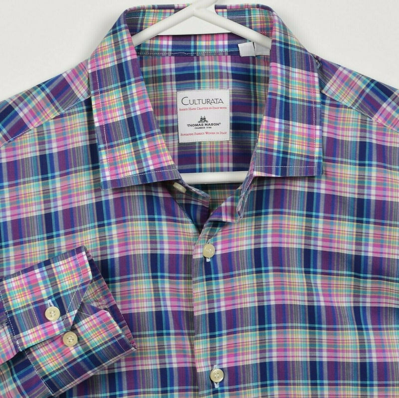 Culturata Thomas Mason Men's Medium/15.5 Pink Blue Plaid Button-Front Shirt